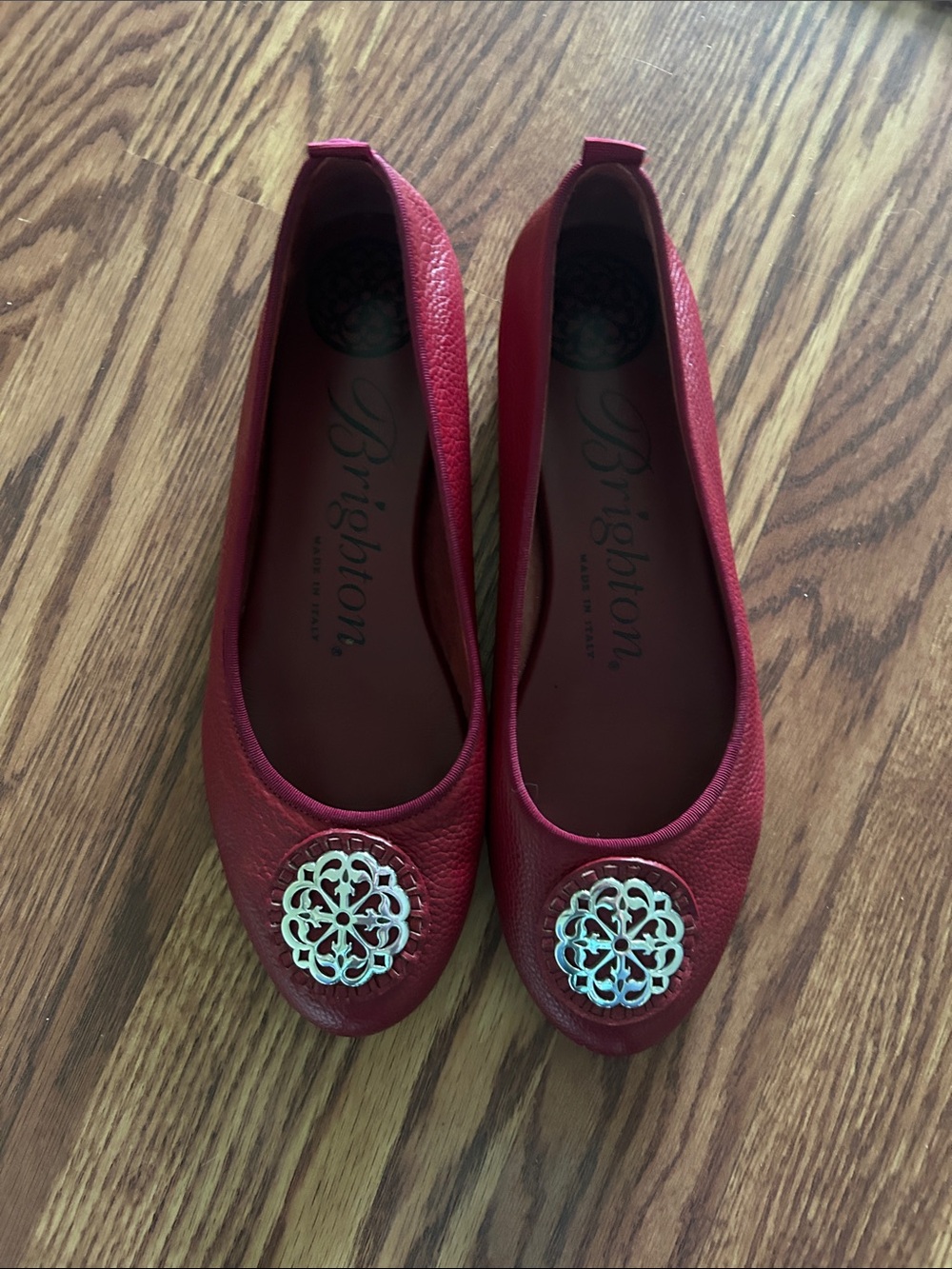 Brighton Red Leather Ballet Flats with Silver Medallion